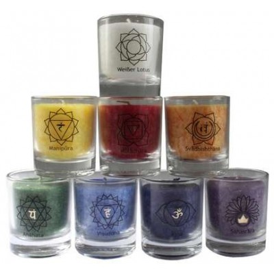 Ensemble de 8 petites bougies - 7 chakras et Lotus Blanc