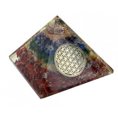 Pyramide Orgonite 7 Chakras avec symbole Fleur de Vie Métal Doré