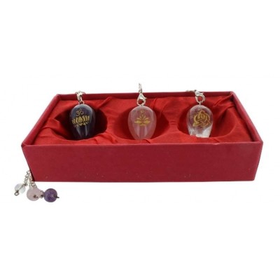 Coffret 3 pendules en pierre : Amethyste, Quartz Rose et Cristal de Roche