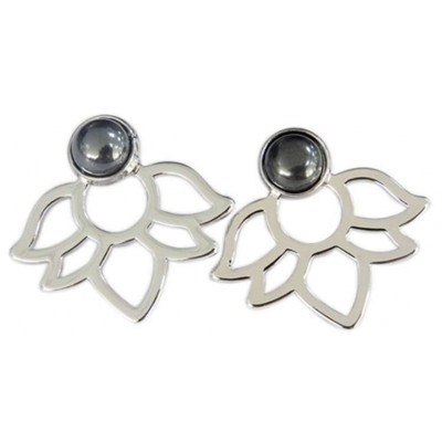 Boucles d'oreilles Hématite Perle et Lotus Métal argenté