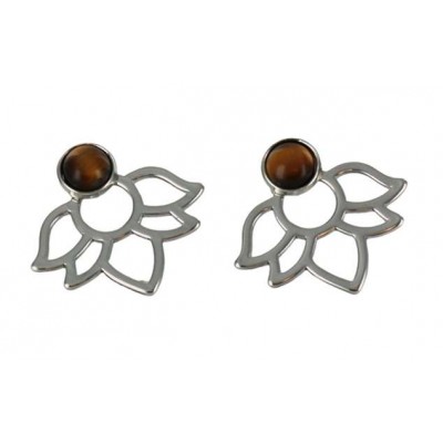 Boucles d'oreilles Oeil de Tigre Perle et Lotus Métal argenté