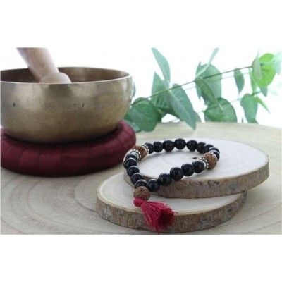 Bracelet Mala en Obsidienne Noire et Rudraksha