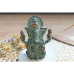 Statuette Ganesh assis en Laiton vert antique 9.2 cm