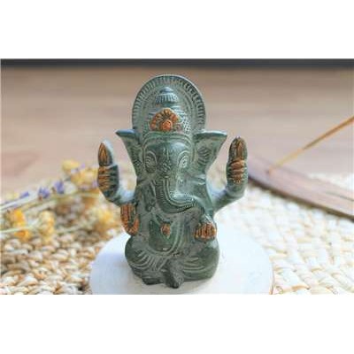 Statuette Ganesh assis en Laiton vert antique 9.2 cm