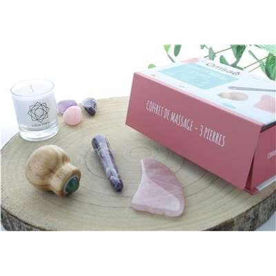 Coffret massage corps en Quartz rose, Améthyste et Aventurine verte