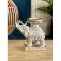 Porte-bougie Eléphant Trompe en l'air 11,3 cm - Résine - Doré